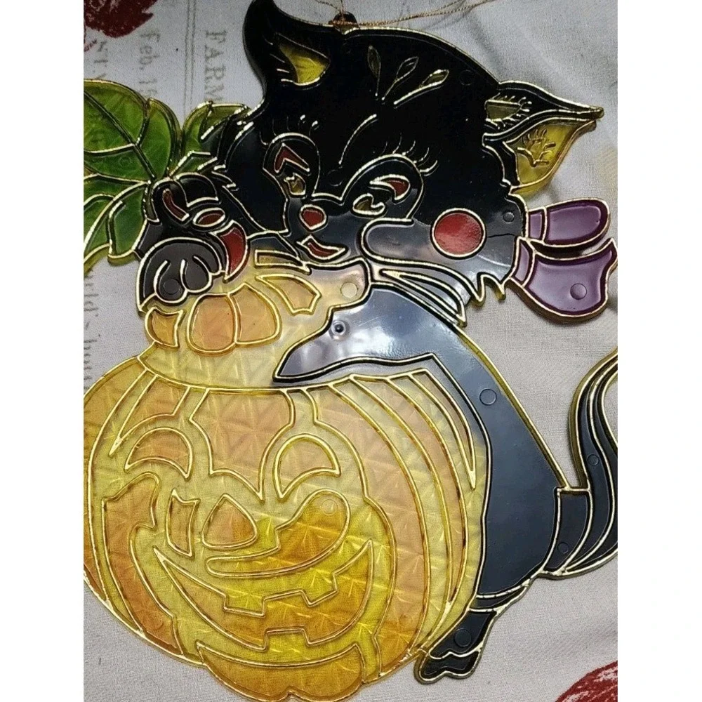 Vintage Plastic Stained Glass Sun Catcher Cat Black Halloween Decoration Spooky